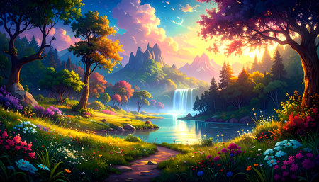 A beautiful, magical fairytale landscape with scenic view of waterfall. peaceful fantasy nature background feeling tranquil and sereneの素材