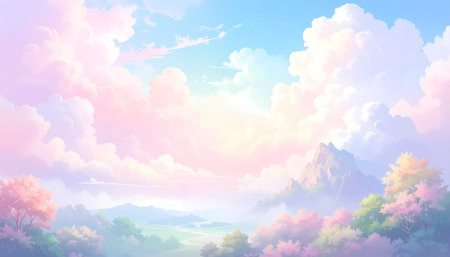 A dreamy serene fantasy landscape background with colorful sky, light and cloud. peaceful nature view for tranquility and imaginationの素材