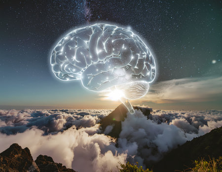 A glowing brain hologram represents human consciousness and artificial intelligence above mountain clouds sunrise. an innovative and creative ideaの素材