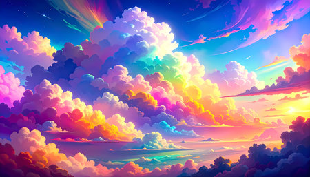 A dreamy colorful sky with rainbow cloud background. ethereal, beautiful, and vibrant fantasy light creating peaceful and hopeful sceneの素材