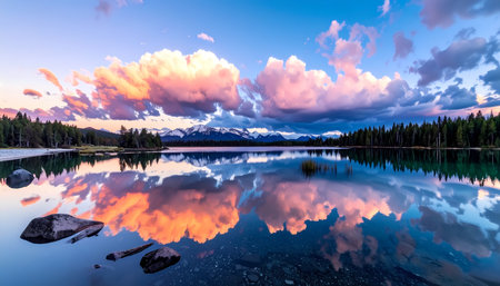 A serene mountain lake with beautiful reflection of colorful sunset sky and dramatic cloud. calm water and peaceful landscape viewの素材
