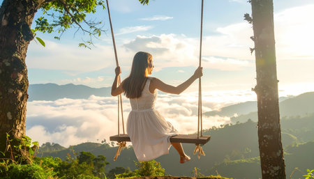 A happy serene woman on swing enjoying mountain sunrise view. beautiful moment with nature, feeling free and peaceful on vacation travelの素材