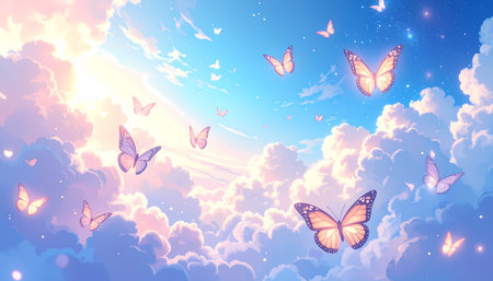 A beautiful butterflies fly in dreamy fantasy sky with peaceful sunlight and magical clouds. serene, aesthetic, and colorful background viewの素材