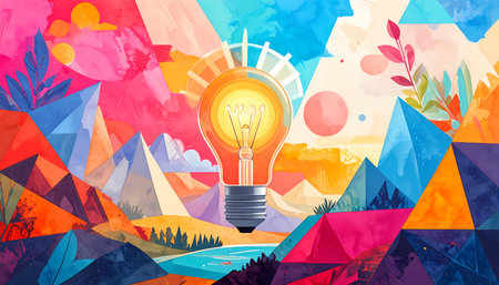A glowing light bulb of brilliant idea in colorful abstract mountain landscape, concept of creativity, innovation, inspiration and solutionの素材