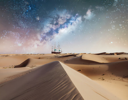 A mysterious fantasy ship on sand dune in vast desert under magical night sky with galaxy. dreamy, surreal concept of lonely adventureの素材
