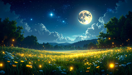 A magical, serene night landscape with full moon and stars over glowing flower field. beautiful, enchanting, and peaceful backgroundの素材