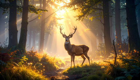 A majestic stag deer standing in tranquil forest with golden sun sunlight and sunbeams. beautiful nature landscape showing peaceful wildlifeの素材