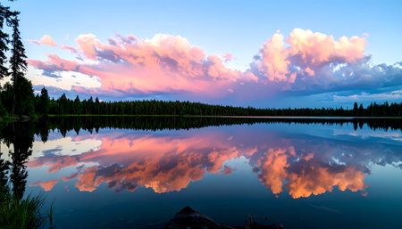 A serene landscape of tranquil lake with perfect reflection of beautiful pink sunset cloud in blue sky above dark forest silhouetteの素材