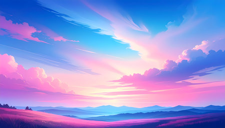 A serene pink and blue sky with cloud over nature landscape at sunset. beautiful and peaceful background illustration for tranquil feelingの素材