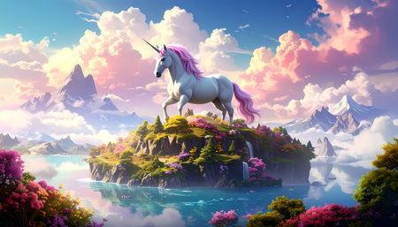A majestic unicorn, mythical creature on magic fantasy island. beautiful landscape with pink mountain sky creating serene, peaceful sceneの素材