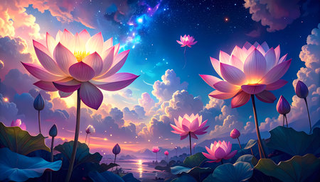 A serene, magical fantasy landscape with pink lotus flower on tranquil water under dreamy cosmic sky. peaceful and beautiful atmosphereの素材