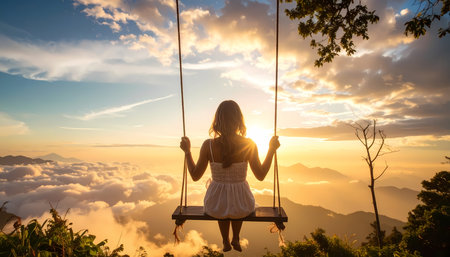 A serene woman on swing on mountain top watching golden sunset view above cloud. feeling of peaceful freedom and tranquil solitudeの素材
