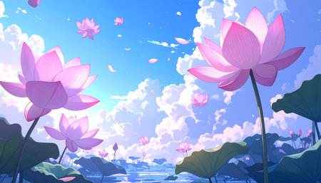 A dreamy serene nature landscape background of lotus flower pond. pink petal floating beautifully under summer sky, creating peaceful sceneの素材