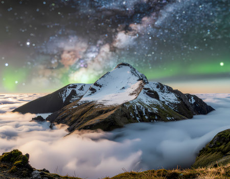 An awe inspiring view of snowy mountain peak above sea of cloud under starry night sky with milky way and glowing green auroraの素材