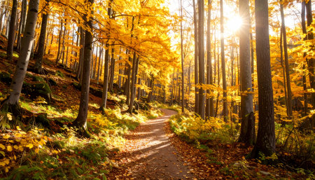 A serene forest path in autumn with golden sunlight shining through yellow leaf on tree. beautiful nature landscape for tranquil seasonal walkの素材