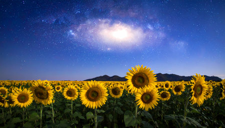 A magical sunflower field under beautiful night sky with many star and bright galaxy. this serene landscape features milky way viewの素材