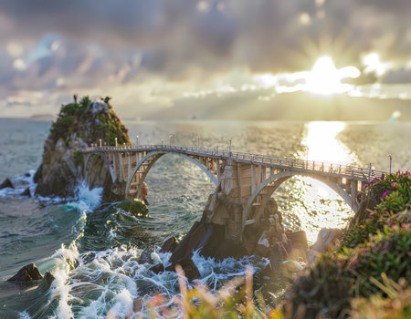 A majestic bridge to rocky island on coast during golden sunset. serene ocean landscape featuring beautiful sunlight and crashing wavesの素材