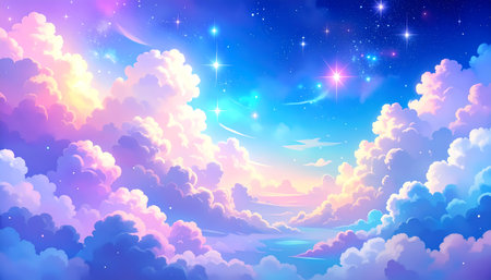 A wondrous fantasy anime background of beautiful, colorful sky with glowing star and dreamy fluffy cloud. serene and magical celestial sceneの素材