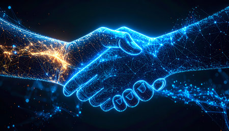 A digital handshake symbolizing trust in future business agreement. technology network connection for successful innovation and partnershipの素材