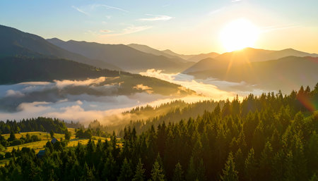 A beautiful, tranquil mountain landscape at sunrise. bright sun rises over green forest and valley filled with morning fog and mistの素材