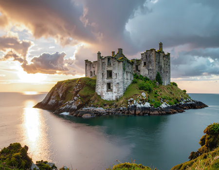 A dramatic sunset over majestic castle ruin on coastal island. serene ocean water reflects golden light from beautiful cloudy skyの素材