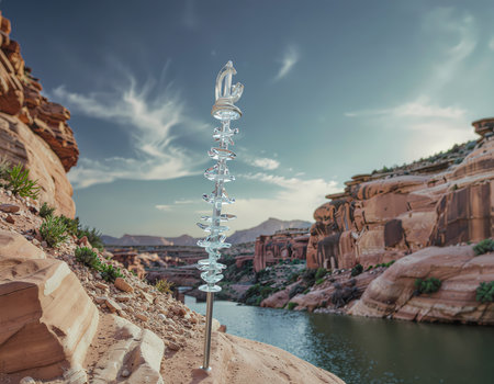 A majestic clear glass totem sculpture stands on rock in serene desert canyon landscape by river under blue sky, an outdoor art installationの素材