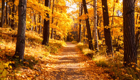 A serene autumn forest path with golden sunlight shining on yellow leaf. beautiful scenic nature landscape with tree in peaceful woodsの素材