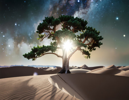 A lone fantasy tree in vast desert landscape under magical starry night sky with bright sunburst. serene, beautiful and amazing sceneの素材