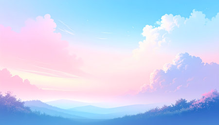 A beautiful pastel sky with pink clouds over serene mountain landscape at sunrise. this dreamy anime illustration background evokes peaceの素材