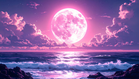 A serene fantasy night landscape with giant pink moon over calm ocean. sky purple with clouds and glowing reflection on waterの素材