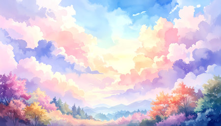 A peaceful anime background of fantasy landscape with colorful sky, dreamlike clouds, and beautiful forest. serene and hopeful sceneの素材