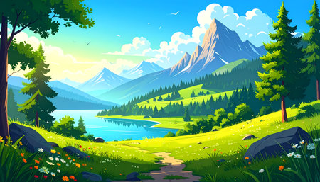 A beautiful, peaceful summer landscape illustration of mountain, forest, and lake. scenic nature scenery with blue sky and green valleyの素材