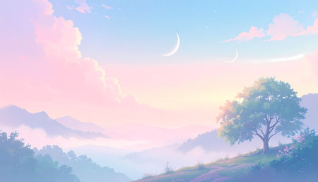 A beautiful anime landscape painting of dawn sky with pastel cloud and serene mountain view. peaceful tree on hill creating dreamy moodの素材