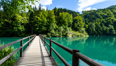 A peaceful wooden bridge leads over serene turquoise lake toward green forest. stunning summer landscape view perfect for nature travelの素材