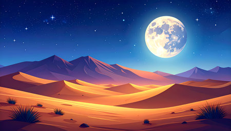 A serene desert landscape at night with full moon and starry sky. tranquil illustration of majestic sand dune and mountain sceneryの素材