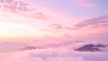 A serene and beautiful pink sky with clouds during sunrise or sunset over mountain landscape. peaceful view from above nature beautyの素材