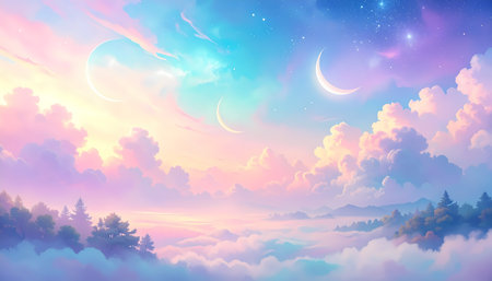 A dreamy pastel sky with magical clouds and multiple crescent moon above fantasy forest landscape. serene and ethereal cosmic backgroundの素材