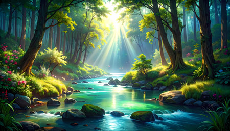 A serene beautiful river magical forest landscape with sunbeam. tranquil scene with light shining green tree and calm water creating peaceful moodの素材