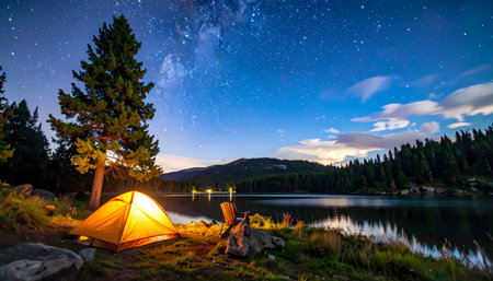 A peaceful night camping scene with lit tent by lake under starry sky. tranquil wilderness adventure in nature with view of mountainの素材
