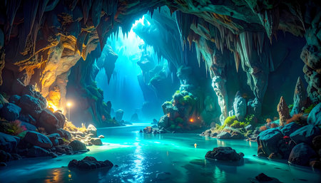 A mysterious underground cave with fantasy river and magical light. glowing water illuminates grotto and rock formation serene nature sceneの素材