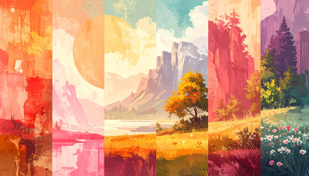 A beautiful colorful landscape painting collection. stunning art illustration collage shows different nature scenes through every seasonの素材