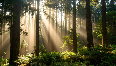 A serene morning sunbeam light shining through tall green tree in peaceful forest. nature background with tranquil sunlight rays in woodsの素材