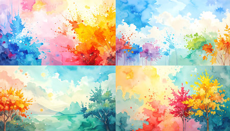 A joyful colorful watercolor abstract art background, vibrant painterly landscape collection showing four seasons with dreamy, creative textureの素材