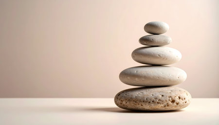 A calm zen stone stack representing balance and harmony. peaceful pebble pyramid for meditation and spa wellness with neutral backgroundの素材