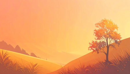 A calm peaceful landscape nature background with single tree on hill during beautiful orange sunrise or sunset with sun glowing in skyの素材