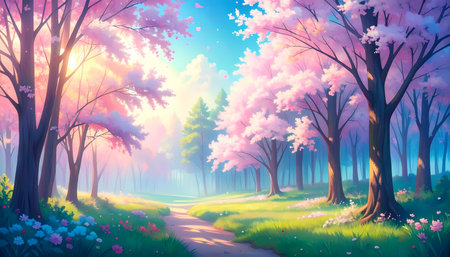 A serene, beautiful pink cherry blossom forest with path in spring sunlight. this magical, peaceful, and vibrant nature background sceneの素材