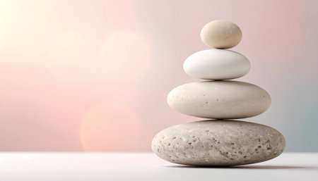 A calm stack of zen stone showing balance and harmony for meditation. serene spa background with peaceful concept for wellness and spiritualの素材