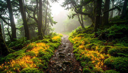 A serene magical forest path with glowing flower and green moss. mysterious foggy light creates an enchanting, tranquil landscape for journeyの素材