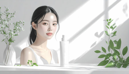 A serene asian woman in beauty portrait with natural skincare cosmetic product. clean, fresh concept for wellness and self care in white lightの素材