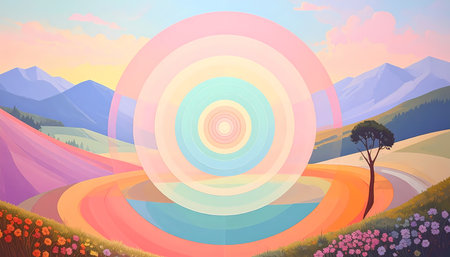 A serene abstract colorful fantasy landscape with large pastel concentric circle ripple. magical, dreamlike background inspiring peaceの素材